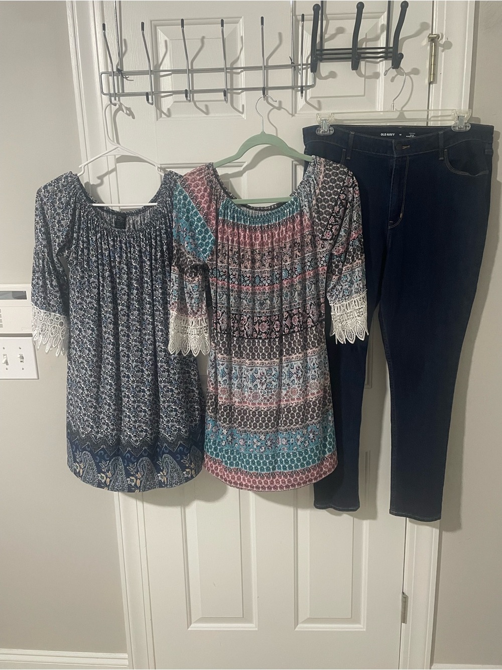Boho Print Off-Shoulder Tops win win l/xl with Lace Trim - Blue Multi